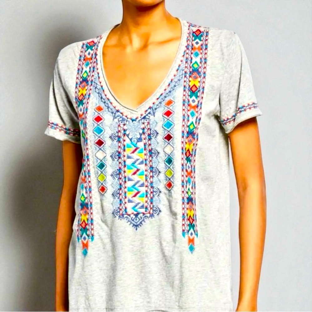 JOHNNY WAS Women's Amaris Grey Embroidered Boho Blouse (XS/M)